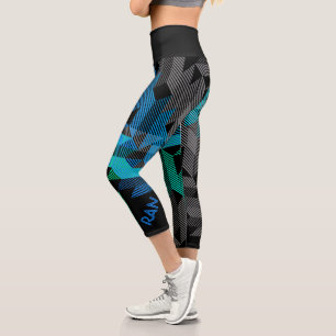 Personalised Sporty Stripes in Blue & Teal Black Capri Leggings