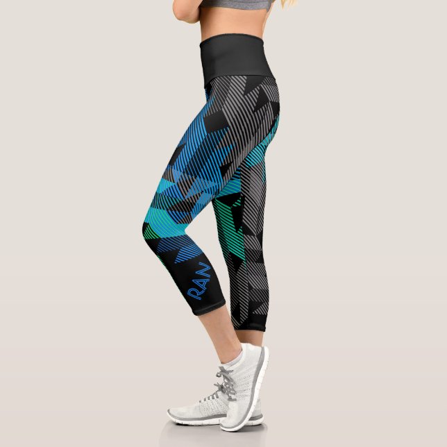 Personalised Sporty Stripes in Blue & Teal Black Capri Leggings (Left)