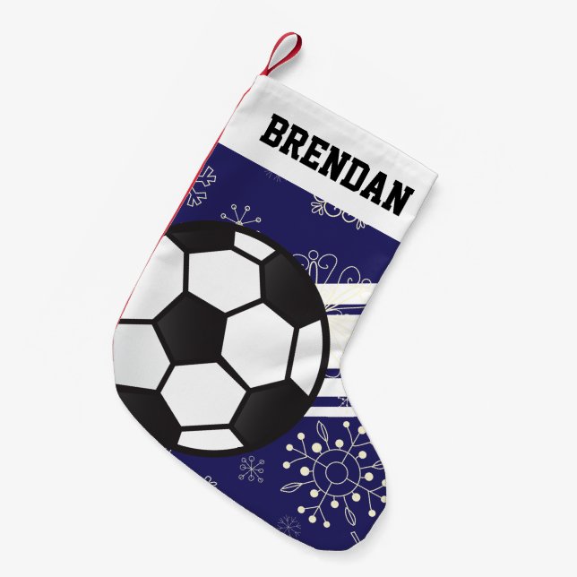 Personalised Sporty Stripes Soccer Ball Blue Small Christmas Stocking (Front (Hanging))