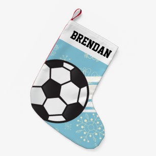 Personalised Sporty Stripes Soccer Ball Light Blue Small Christmas Stocking