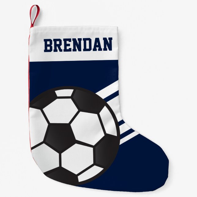Personalised Sporty Stripes Soccer Ball Navy Blue Small Christmas Stocking (Front)