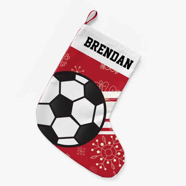 Personalised Sporty Stripes Soccer Ball Red Small Christmas Stocking (Front (Hanging))