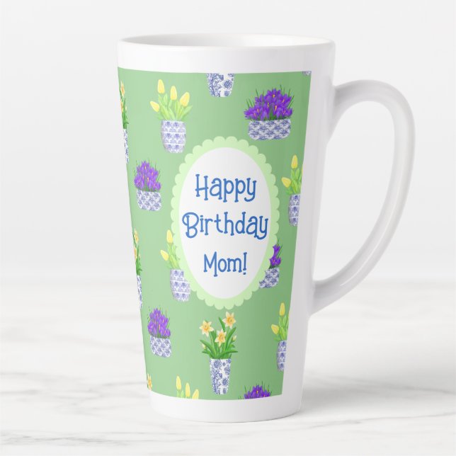 Personalised Spring Blooms in Blue & White Pots  Latte Mug (Right)