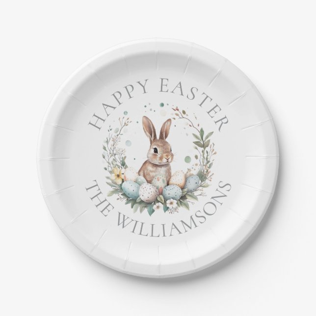  Personalised Spring Bunny Easter Eggs Wreath Paper Plate (Front)