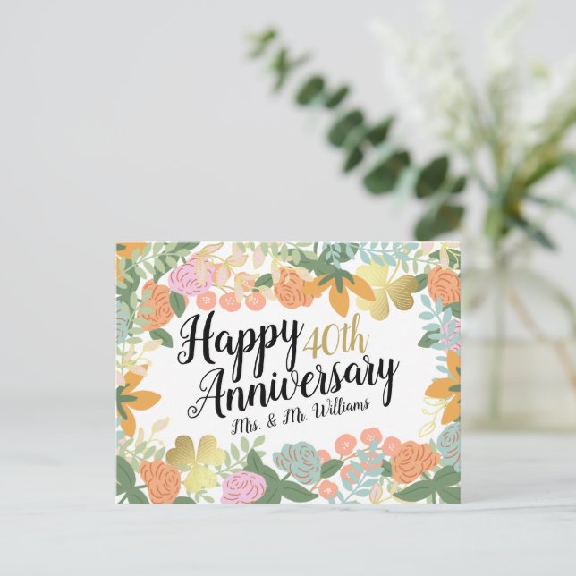 Personalised Spring Floral Happy 40th Anniversary Postcard (Standing Front)