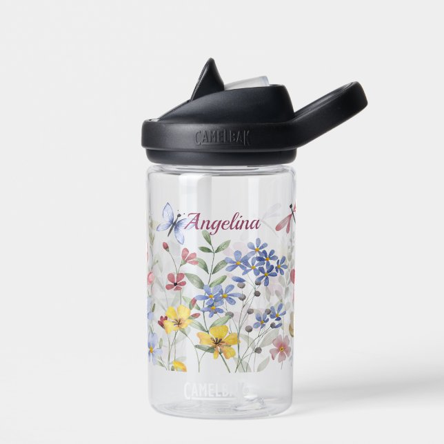 Personalised Spring Flowers and Butterflies Kids Water Bottle (Left)