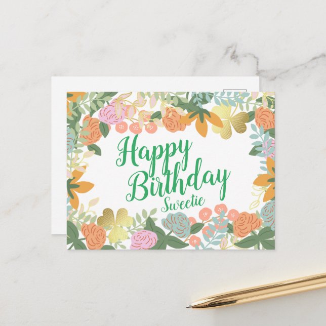 Personalised Spring Roses Floral Happy Birthday   Postcard (Front/Back In Situ)