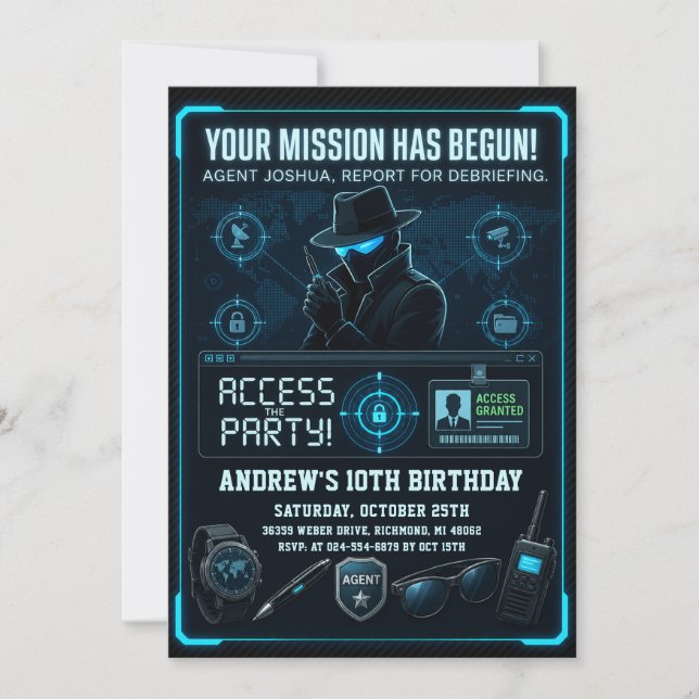 Personalised Spy Mission Birthday Invitation (Front)