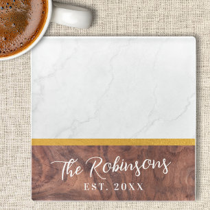 Personalised Square Marble Wood Last Name Est Date Glass Coaster