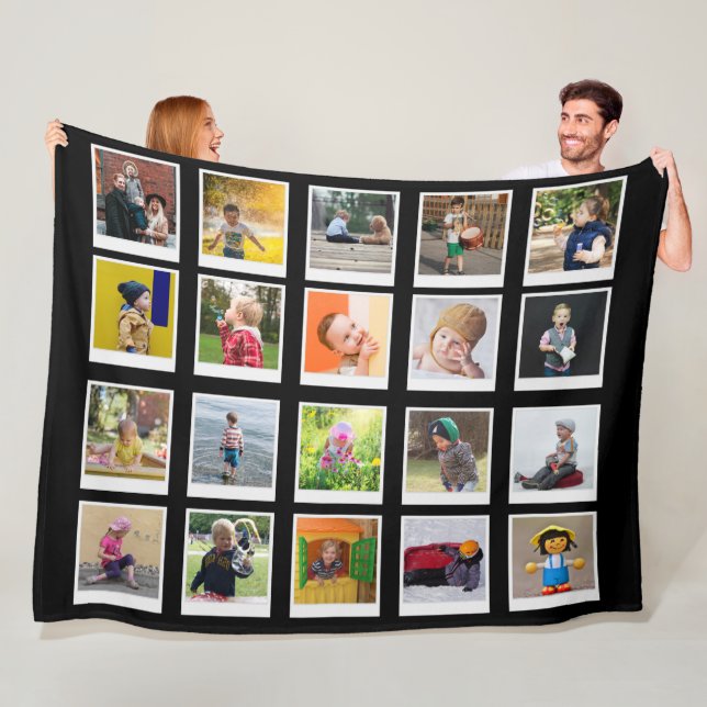 Personalised Square Photo Collage Modern Black Fle Fleece Blanket (In Situ)
