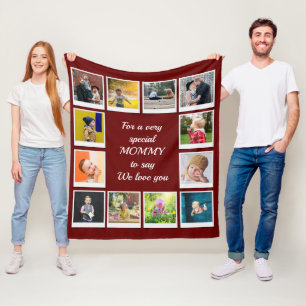 Personalised Square Photo Collage Modern Red Fleece Blanket