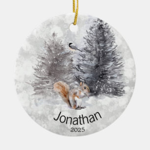 Personalised Squirrel Bird Winter Cabin     Ceramic Tree Decoration