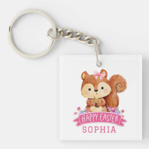 Personalised Squirrel Happy Easter Pink Key Ring