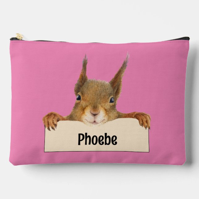 Personalised Squirrel Holding Nameplate Sign Accessory Pouch (Front)