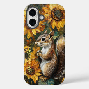 Personalised Squirrel Nibbling Van Gogh Sunflowers iPhone 16 Case