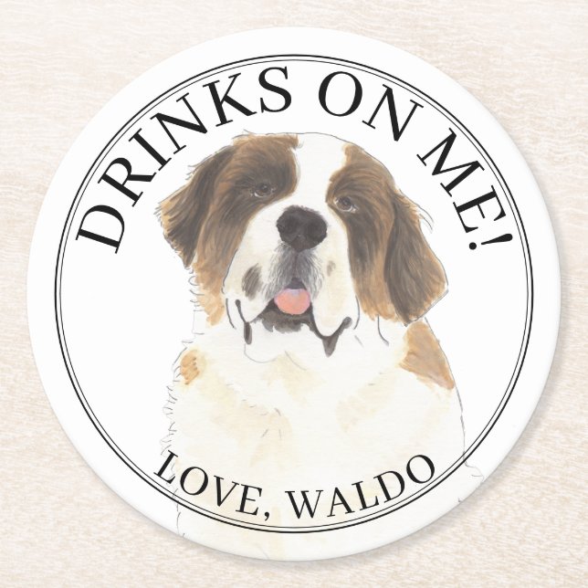 Personalised St. Bernard Dog Wedding Round Paper Coaster (Front)