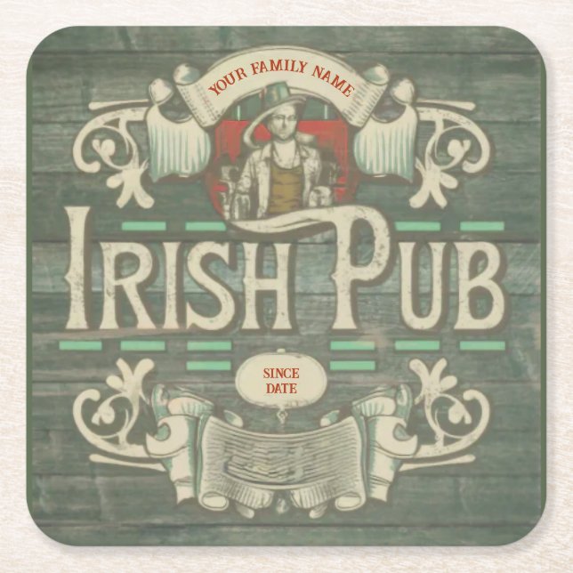 Personalised St Patricks Day Irish Pub Funny Square Paper Coaster (Front)