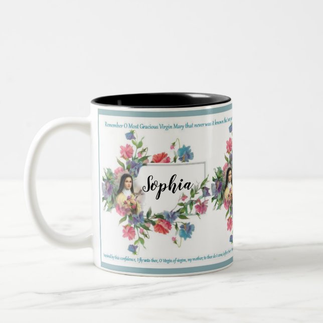 Personalised St. Therese with Memorare Prayer Two-Tone Coffee Mug (Left)