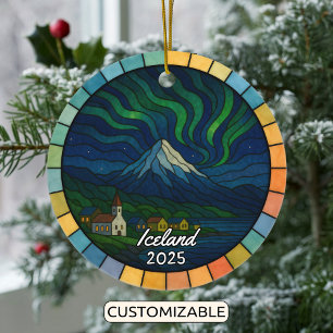 Personalised Stained Glass Iceland, Europe Ceramic Tree Decoration