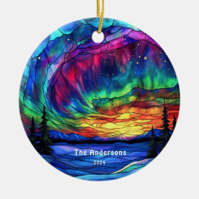Personalised Stained Glass Look Northern Lights Ceramic Tree Decoration (Front)