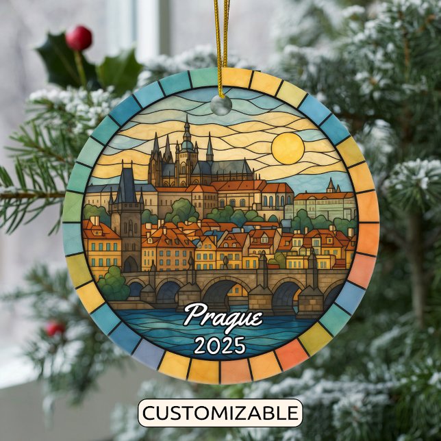 Personalised Stained Glass Prague, Czech Republic Ceramic Tree Decoration (Creator Uploaded)