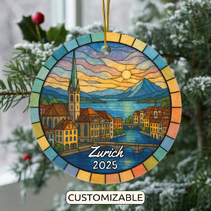 Personalised Stained Glass Zurich, Switzerland Ceramic Tree Decoration
