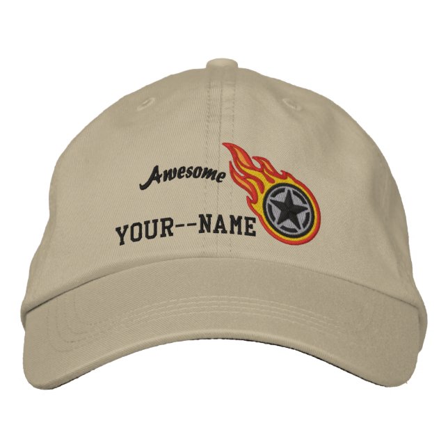 Personalised Star Stencil Racing Flames Bullet Embroidered Hat (Front)
