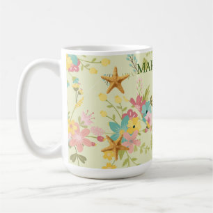 Personalised Starfish Pink Yellow Green Florals Coffee Mug
