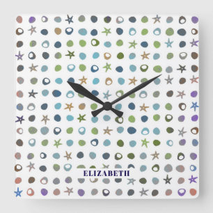 Personalised Starfish & Sea Shells Square Wall Clock