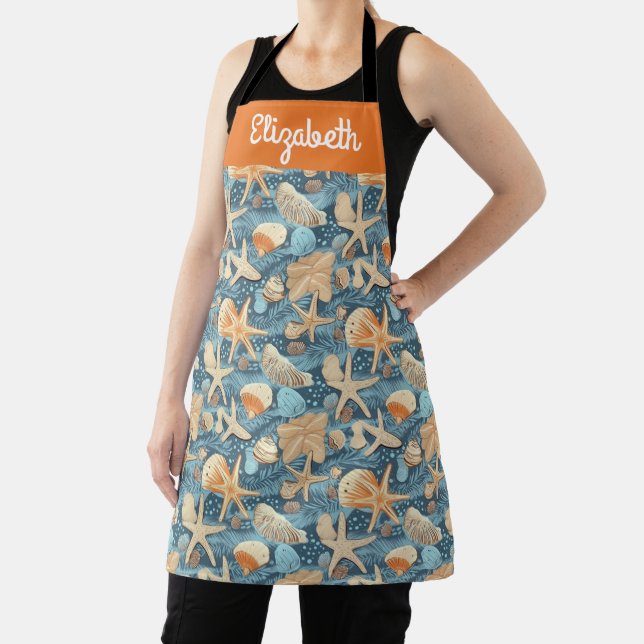 Personalised Starfish Shell Shoreline Chef's Apron (Insitu)