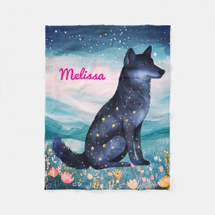 Personalised Starry Night Wolf in Wildflowers Flee Fleece Blanket