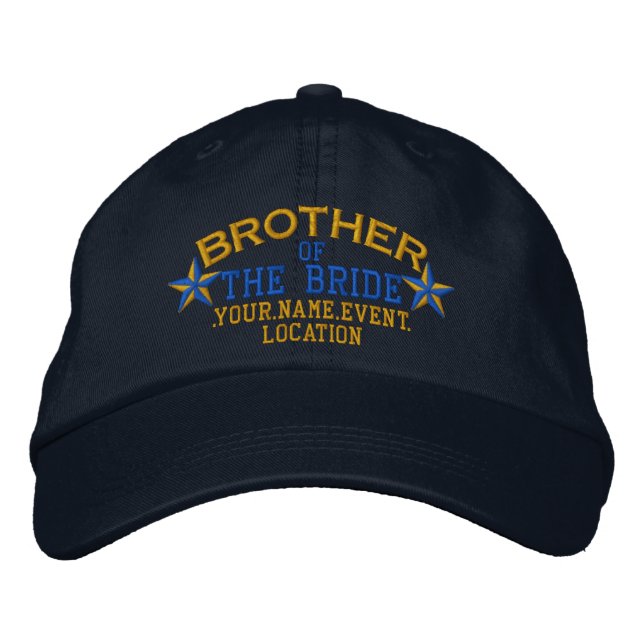 Personalised Stars Brother of the Bride Gold Blue Embroidered Hat (Front)