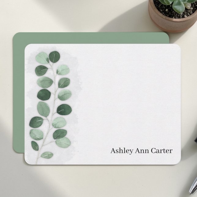 Personalised Stationery Eucalyptus Greenery Card (Watercolor eucalyptus sprig artwork on personalized flat note card with clean writing space.)