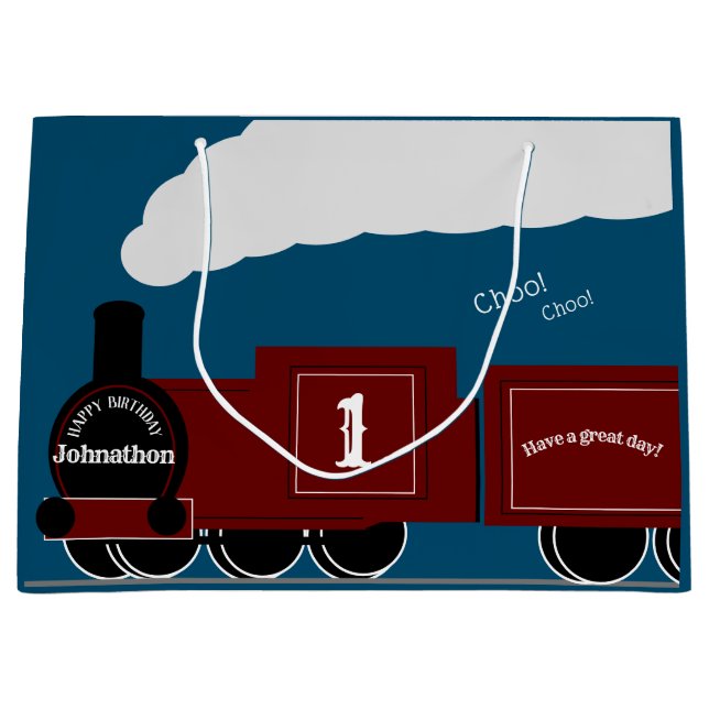 Personalised steam train birthday large gift bag (Front)