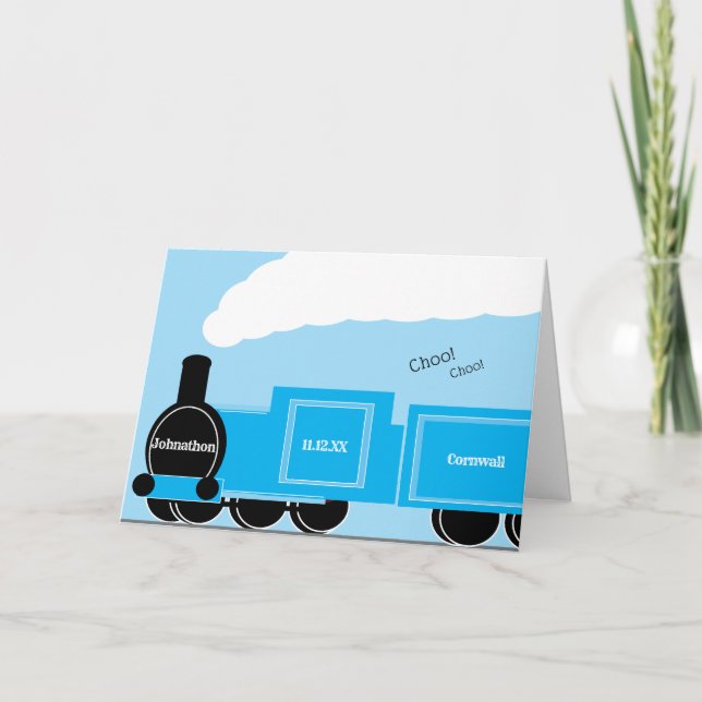 Personalised steam train new baby boy card (Front)
