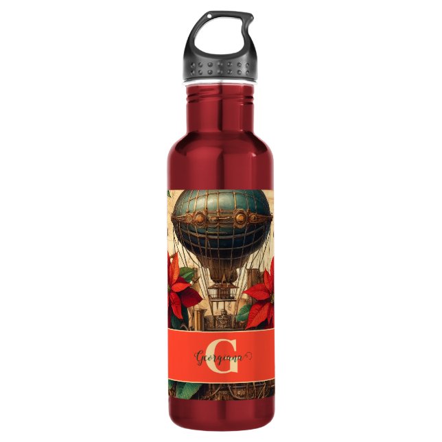 Personalised Steampunk Airship with Poinsettia 710 Ml Water Bottle (Front)
