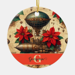 Personalised Steampunk Airship with Poinsettia Ceramic Tree Decoration