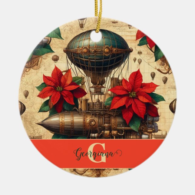 Personalised Steampunk Airship with Poinsettia Ceramic Tree Decoration (Front)