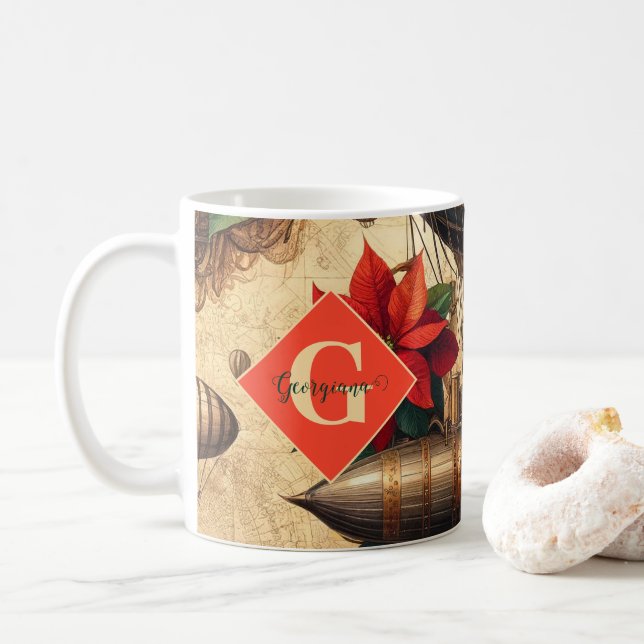 Personalised Steampunk Airship with Poinsettia Coffee Mug (With Donut)