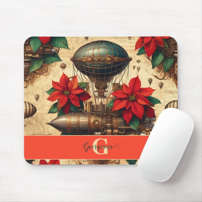 Personalised Steampunk Airship with Poinsettia Mouse Mat (With Mouse)
