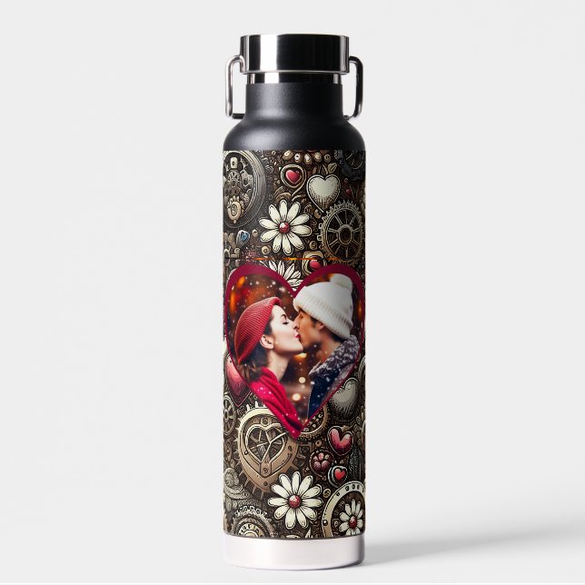 Personalised Steampunk Hearts, Flowers and Gears Water Bottle (Front)