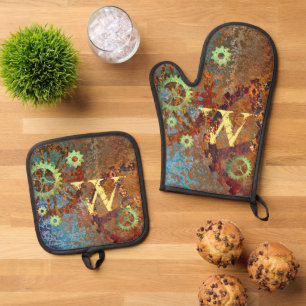Personalised Steampunk Rusty Clockwork Gears Oven Mitt & Pot Holder Set