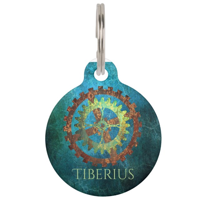 Personalised Steampunk Rusty Clockwork Gears Pet Tag (Front)