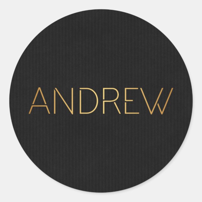 Personalised Stencil Font Andrew Gold on Black Classic Round Sticker (Front)