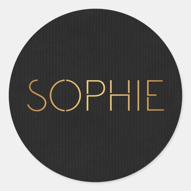 Personalised Stencil Font Sophie Gold Black Classic Round Sticker (Front)