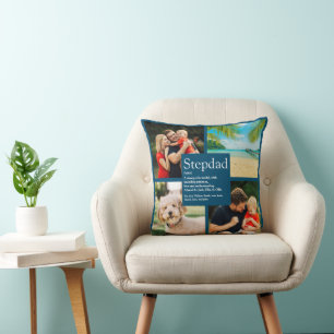 Personalised Stepdad Name Definition 4 Photo Blue Cushion