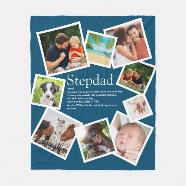 Personalised Stepdad Name Definition 9 Photo Blue Fleece Blanket (Front)