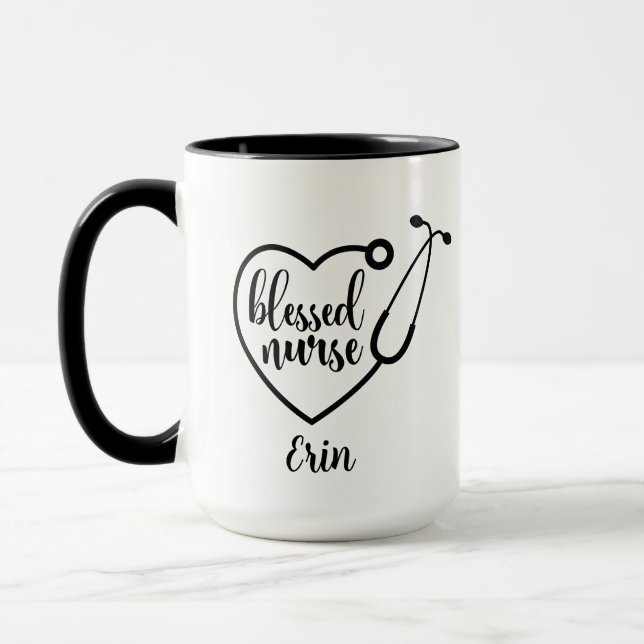Personalised Stethoscope Blessed Nurse Black White Mug (Left)