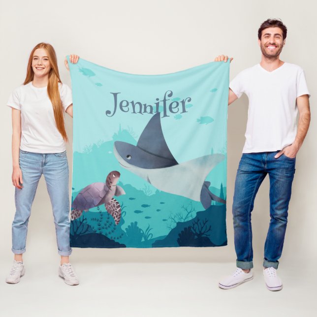 Personalised Stingray and Turtle Under the Sea Fleece Blanket (In Situ)