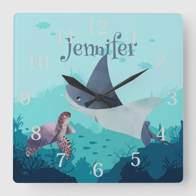 Personalised Stingray and Turtle Under the Sea Square Wall Clock (Front)